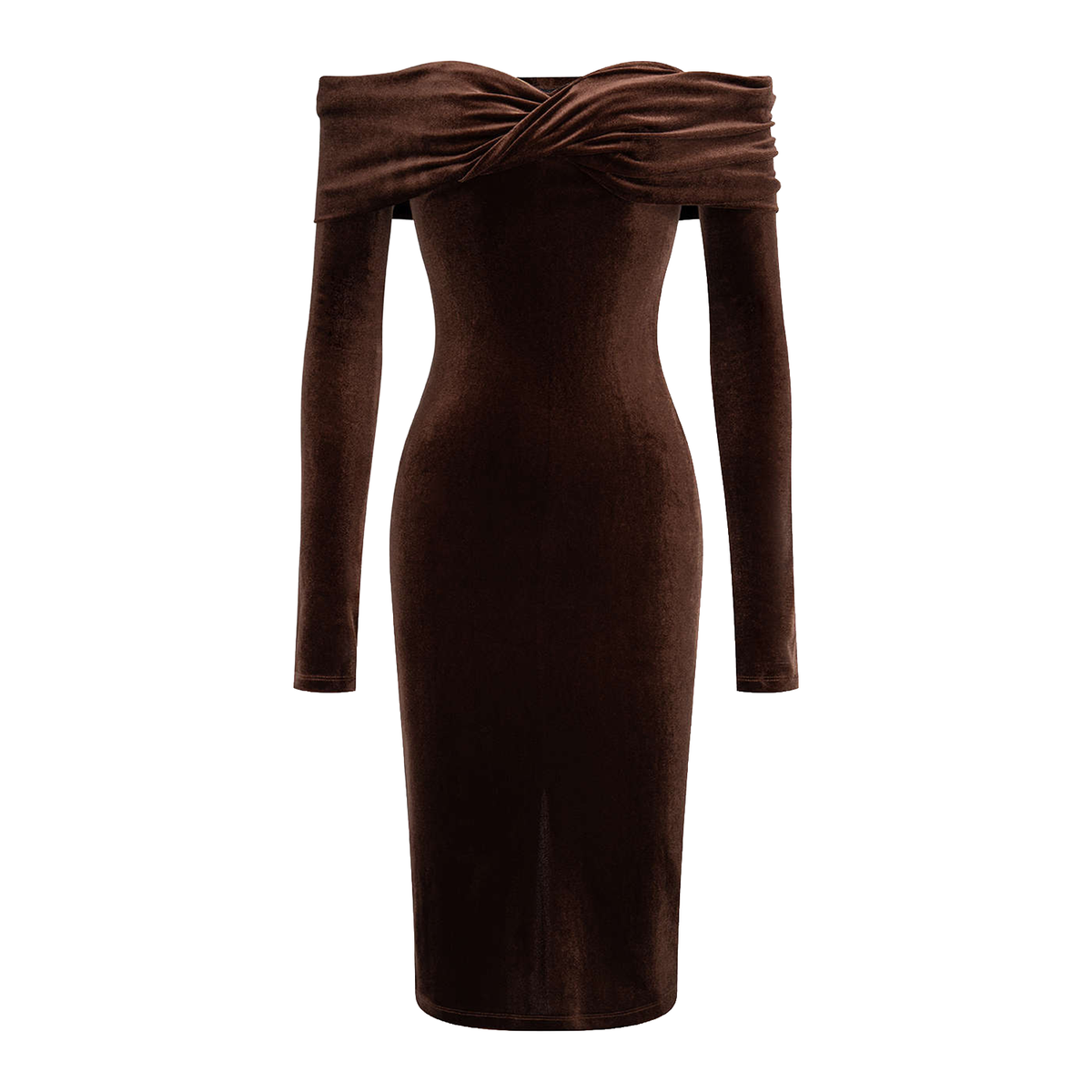 Twisted Off‑Shoulder Long Sleeve Fitted Midi Dress