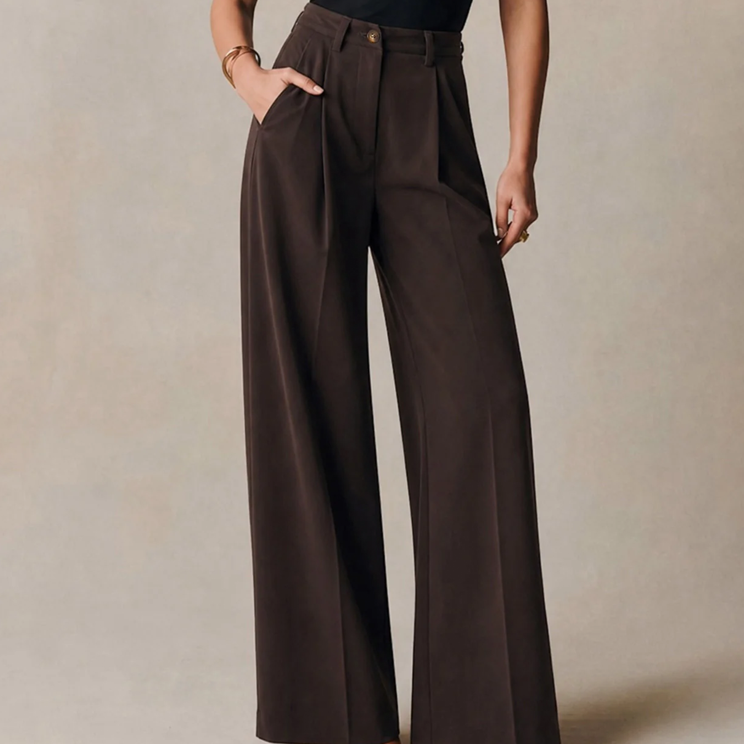 Coffee‑Tone Button‑Closure Pocketed Straight‑Leg Pants Trousers