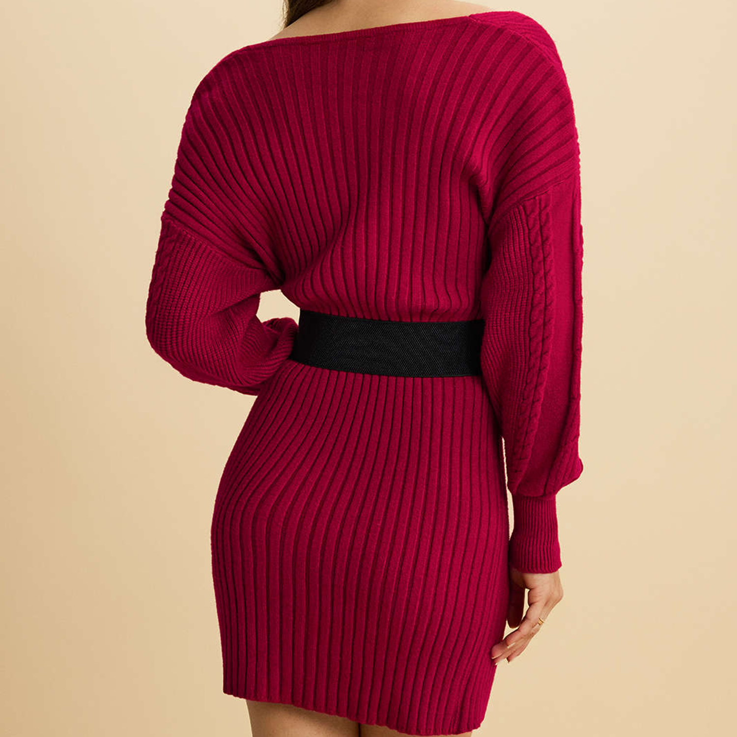 Wrap V‑Neck Cable Knit Belted Long Sleeve Mini Dress