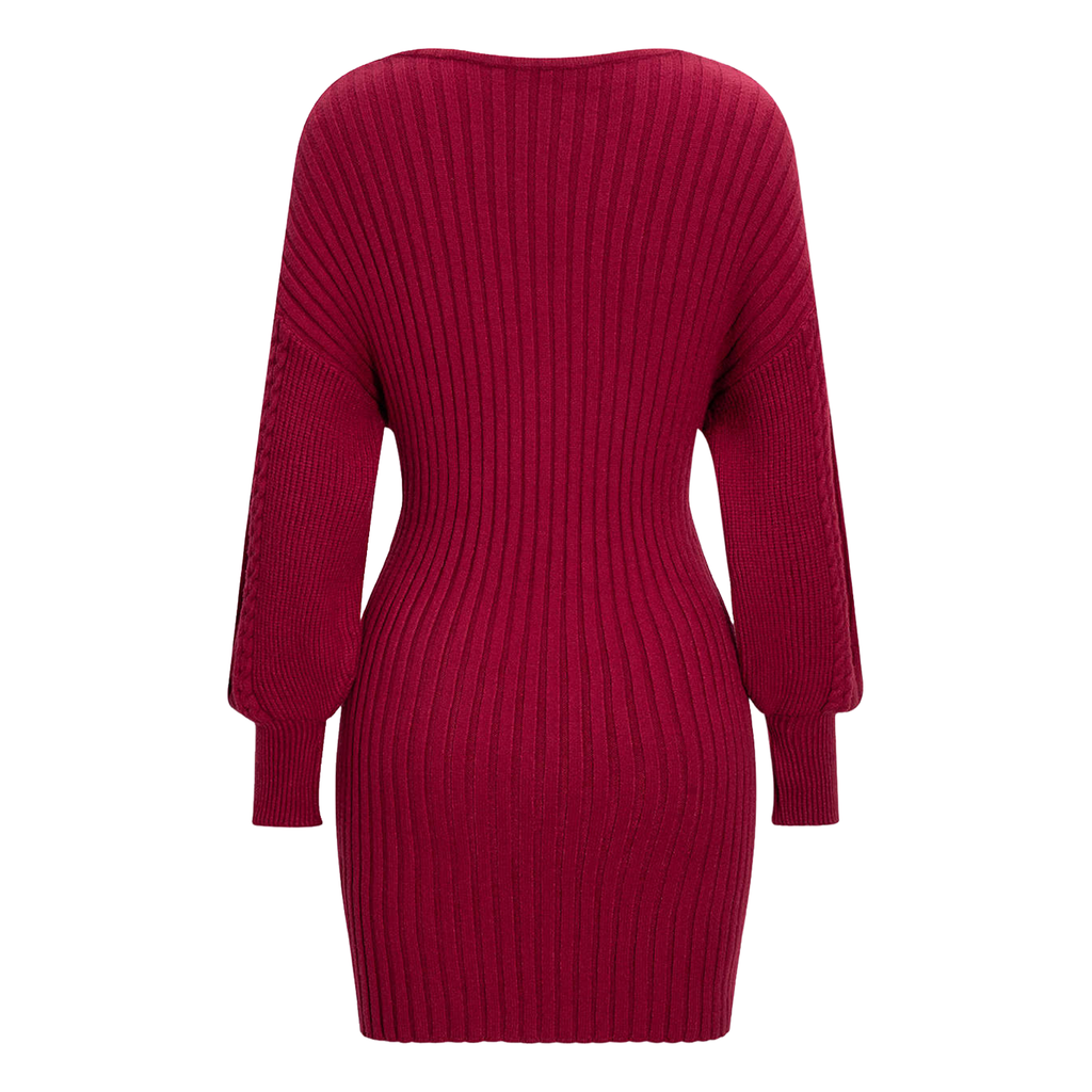 Wrap V‑Neck Cable Knit Belted Long Sleeve Mini Dress
